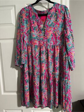 Lilly Pulitzer Teal Floral Tiered Midi Dress with Pink & Yellow Print